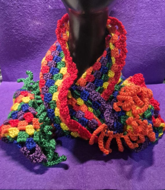 Rainbow scarf, Shawl, Acrylic yarn, Crochet Handmade, Fringed scarf, 120 x 20 centimeters