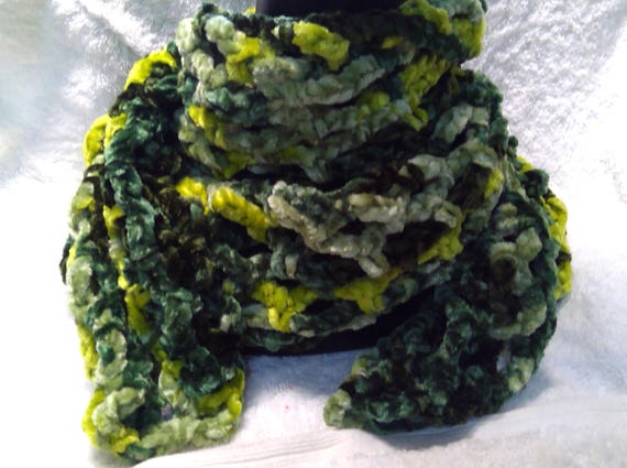 Gradient green Scarf, Handmade Crochet Scarf, Chenille Yarn, 23 x 160 centimetres