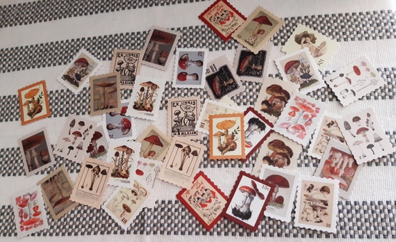 Mushrooms Stamps Stickers, Insects Stamps Stickers, Plants Stamps Stickers, Postal Stamps Inspired, Vintage Style, Set of 23/46 pieces