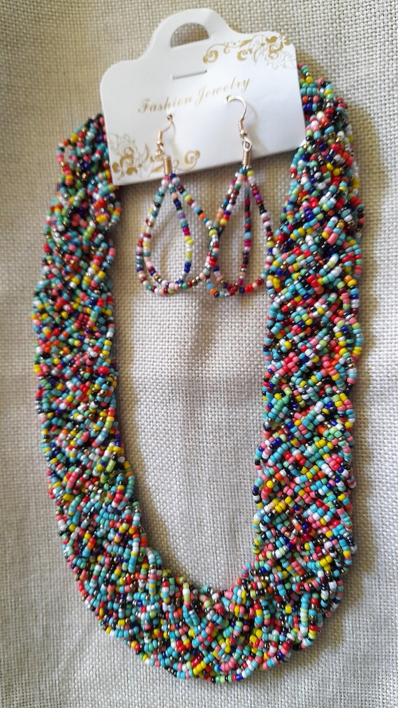 Small Seed Beads Knot Vintage Necklace Earrings Jewelry Set Bohemian Choker Ethnic Women Accessories