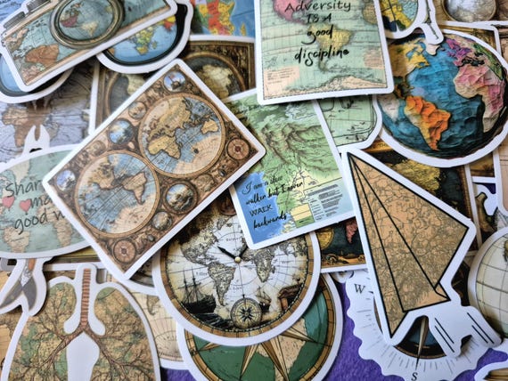 Vintage Map Compas Stickers, 25 pieces, Decal Scrapbook Collage Set