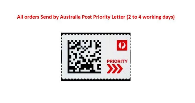 May include: A white postage stamp with a black and white QR code, a red "D" logo, and the words "PRIORITY" and ">>>" in red.