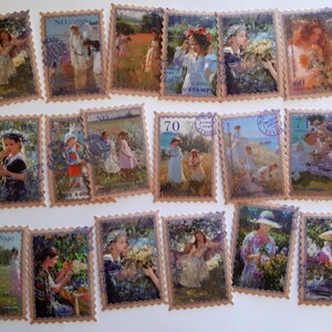 May include: A collection of vintage postage stamps featuring colourful illustrations of children in various settings. The stamps are in a variety of colours, including blue, green, red, and yellow. The stamps are all in good condition and have a vintage look.