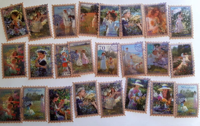May include: A collection of vintage postage stamps featuring colourful illustrations of children in various settings. The stamps are in a variety of colours, including blue, green, red, and yellow. The stamps are all in good condition and have a vintage look.