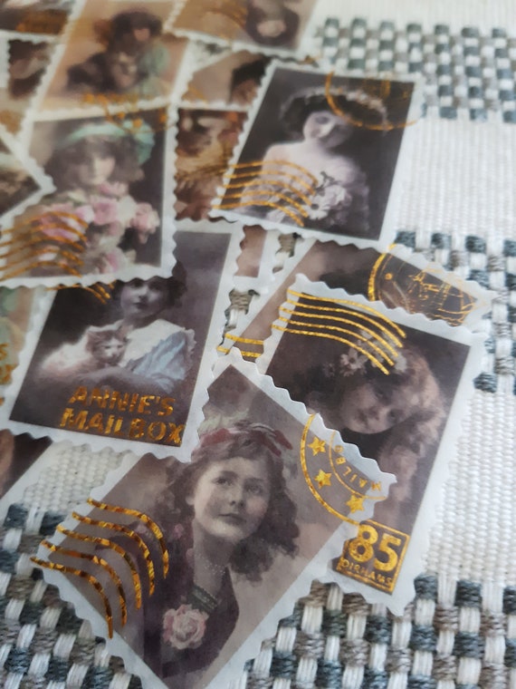 Vintage Stickers, - Vintage Stamps Stickers - Washi Stickers - Beautiful Ladies Stickers - Cute Girls Stickers -  Bronzing detail Stickers
