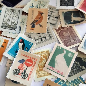 May include: A collection of vintage postage stamps featuring various designs, including birds, animals, and geometric patterns. The stamps are in different colors and sizes, and some have text in different languages.