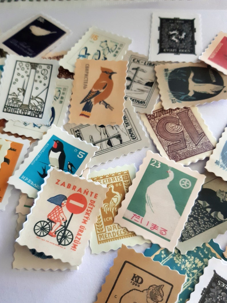 May include: A collection of vintage postage stamps featuring various designs, including birds, animals, and geometric patterns. The stamps are in different colors and sizes, and some have text in different languages.