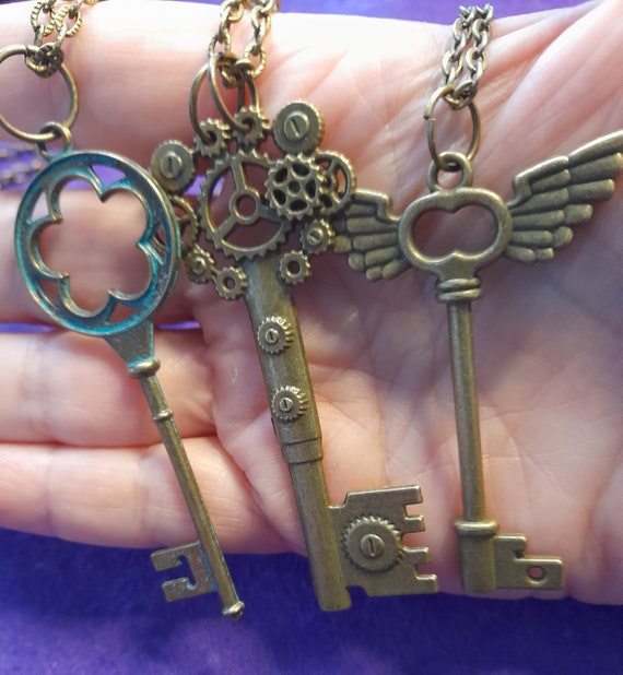 Bronze Key Necklace with Pendant, Medieval Style, Bronze alloy metal, 60cm long chain, 3 styles to choose from
