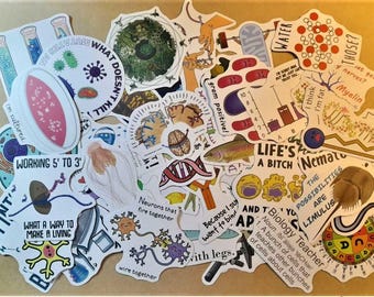 May include: A collection of colorful stickers with science-themed illustrations and text. The stickers feature phrases like "I'm cultured", "Working 5' to 3'", "What a way to make a living", "Life's a bitch", "Biology Teacher", and "The possibilities are Limulus".