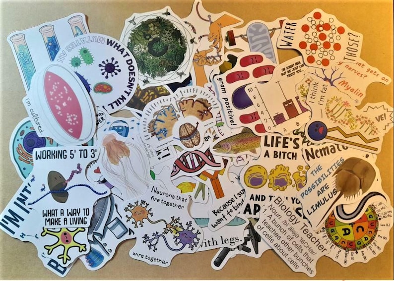 May include: A collection of colorful stickers with science-themed illustrations and text. The stickers feature phrases like "I'm cultured", "Working 5' to 3'", "What a way to make a living", "Life's a bitch", "Biology Teacher", and "The possibilities are Limulus".