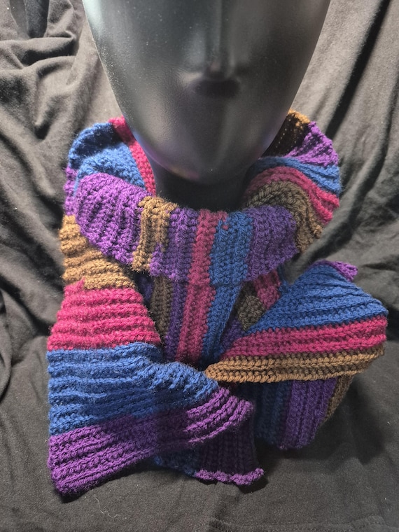 Scarf, Shawl, handmade crochet, luminous 4 colours acrylic scarf in brown, blue, burgundy, and purple, warm and cozy style, 23 x 120 cm