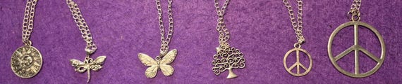 Tree of life, Peace Symbol, Butterfly, Dragonfly, Sun and Moon pendant, Silver Imitation chain necklace, 1 piece in a velvet bag. Handmade