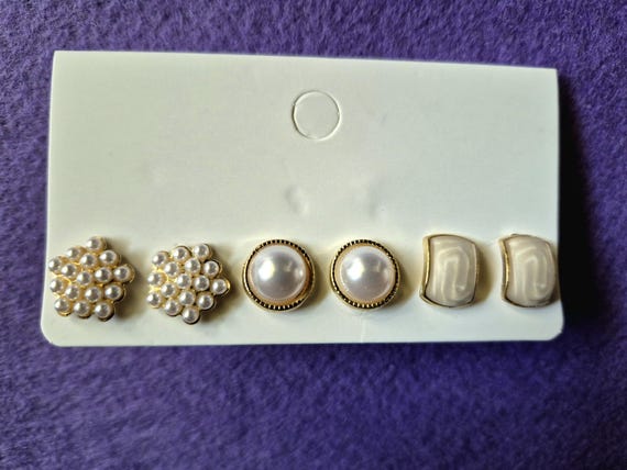 Small French Simulated Pearl Round Square Stud Earrings Elegant Jewelry Sets  ( 3 pairs)
