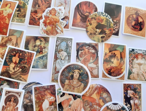 1920's Art Deco Stickers, Bright finish, Set of 19/38 pieces. Inspired in Mucha's artwork, Scrapbooking, Planner, Memorabilia, Diary
