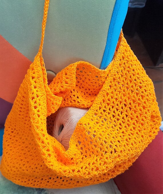 Beach bag, Shopping Bag, 100% Cotton. Crochet. Orange, Green, Purple. Reinforced bottom.