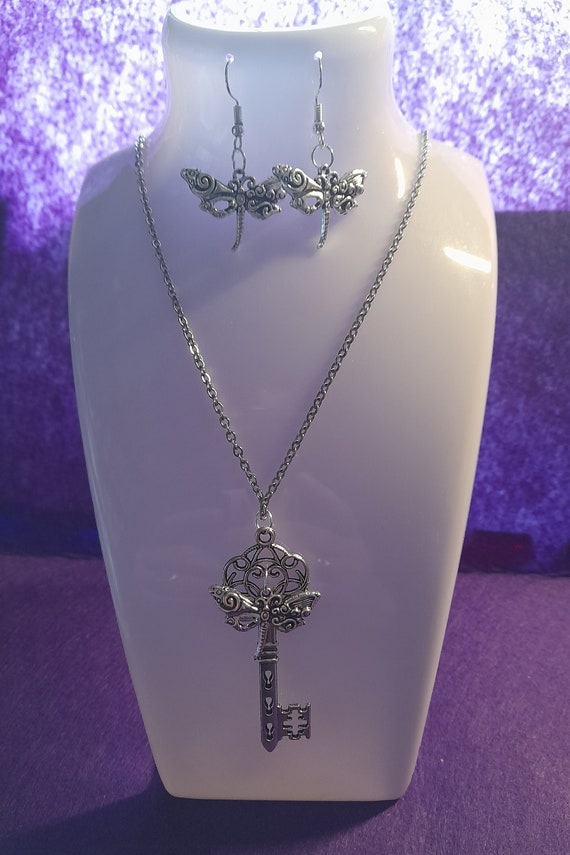 Dragonfly Key Necklace Set or Spiral Necklace Set, Silver colour, two styles to choose from. Handmade