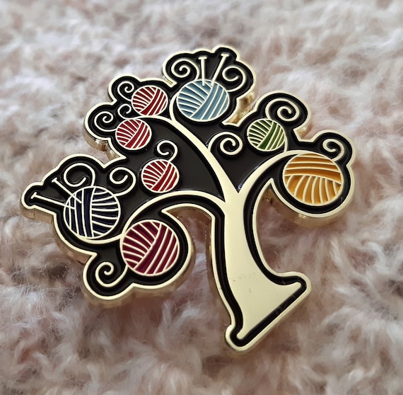 Yarn tree enamel pin gold tone knitting crochet brooch gift for knitters or coworkers