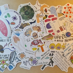 May include: A collection of colorful stickers with science-themed illustrations and text. The stickers feature various topics, including biology, genetics, and cell structure. Some of the text on the stickers includes "I'm cultured", "Working 5' to 3'", "What a way to make a living", "Life's a bitch", "Nematode", "The possibilities are Limulus", "Biology Teacher", "And That's You", "Because I sur want to bind with legs", "Neurons that fire together wire together", "Gram positive", "Water", "I think I'm fat", "Those?", "What doesn't kill", "I'm int", "Ve!" and "Myelin".