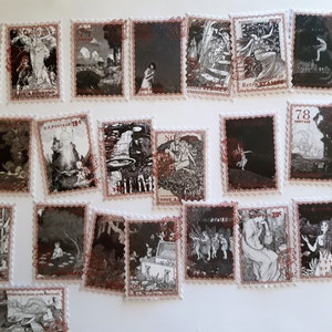 May include: A collection of vintage postage stamps featuring black and white illustrations of fairies, mythical creatures, and landscapes. The stamps are framed with a red border and have a scalloped edge.