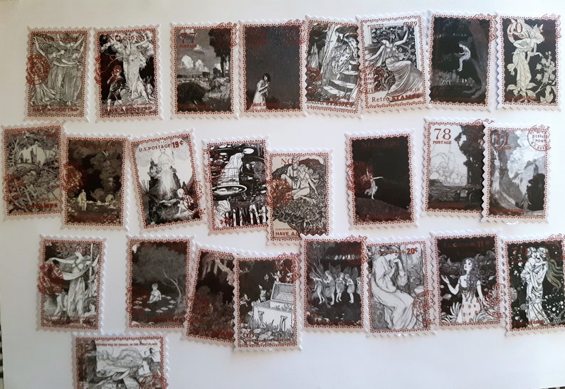 May include: A collection of vintage postage stamps featuring black and white illustrations of fairies, mythical creatures, and landscapes. The stamps are framed with a red border and have a scalloped edge.