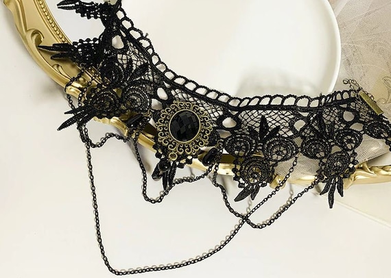 Choker Necklace, Black, rhinestone pendant