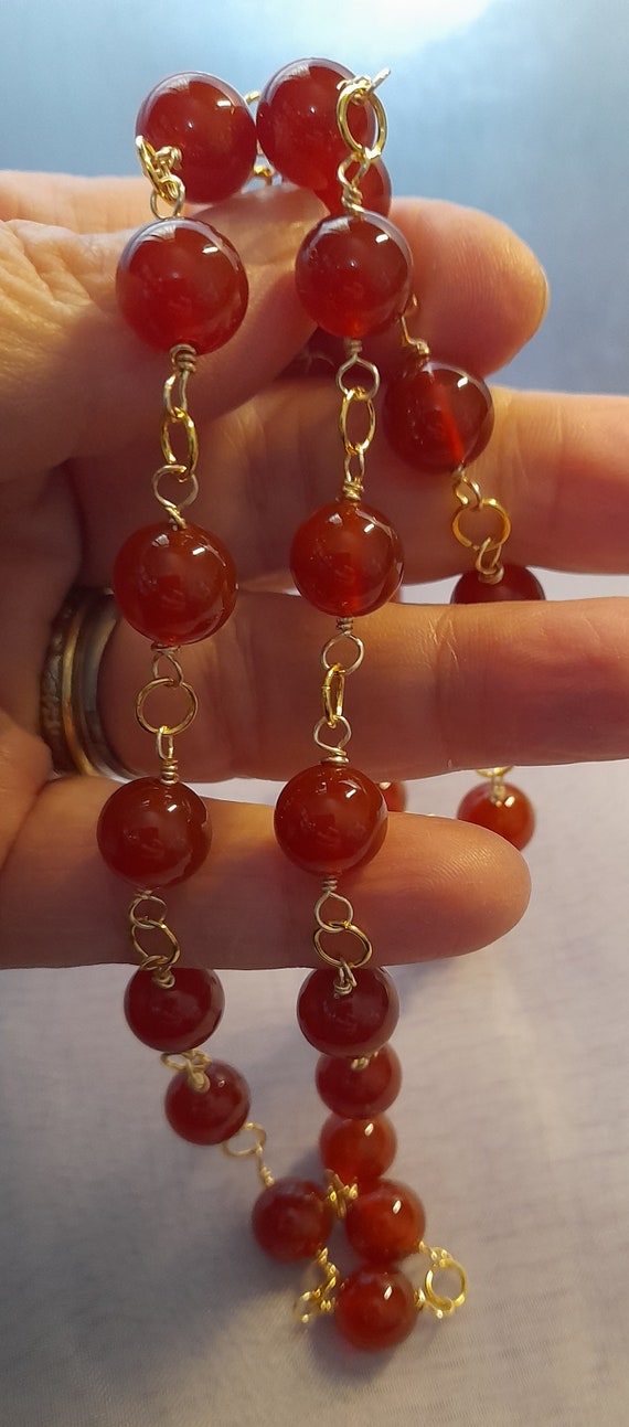 Necklace and Bracelet Set, Art Deco Inspired, Red Chalcedony Stone Beads, and Gold Colour Wire