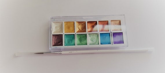 Glittering Watercolor paint  - Pearl color, Set of 12 colors, useful for paint and calligraphy - Full pan collection - for all artists