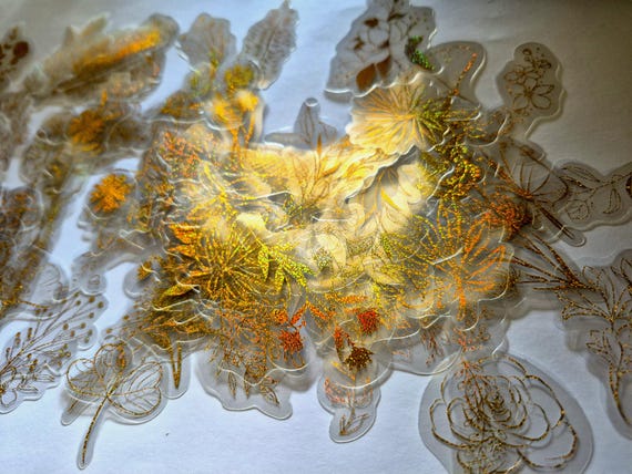 Golden glittering plants and leaves, Holographic Plants Stickers: Waterproof PET Labels (80/40 pieces)
