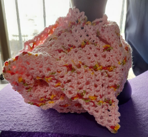 Pink Scarf, Crochet, Cotton Silk Yarn, Hand made, Pink with Colourful details, 28 x 120 centimetres, romantic gift, stylish gift,