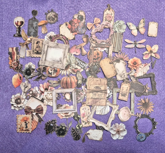 Cardstock Vintge stickers, Keys, Frames, Flowers, old fashioned decorations. Scrapbook Material (50/100 Pieces)