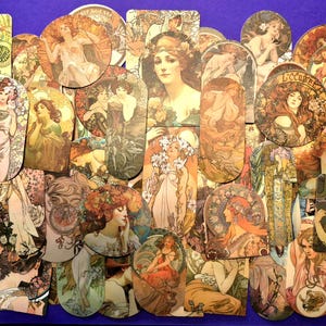 May include: A collection of vintage-style art nouveau stickers and tags featuring illustrations of women with flowing hair, floral accents, and soft color palettes. The designs include circular and elongated shapes, with a variety of poses and backgrounds.