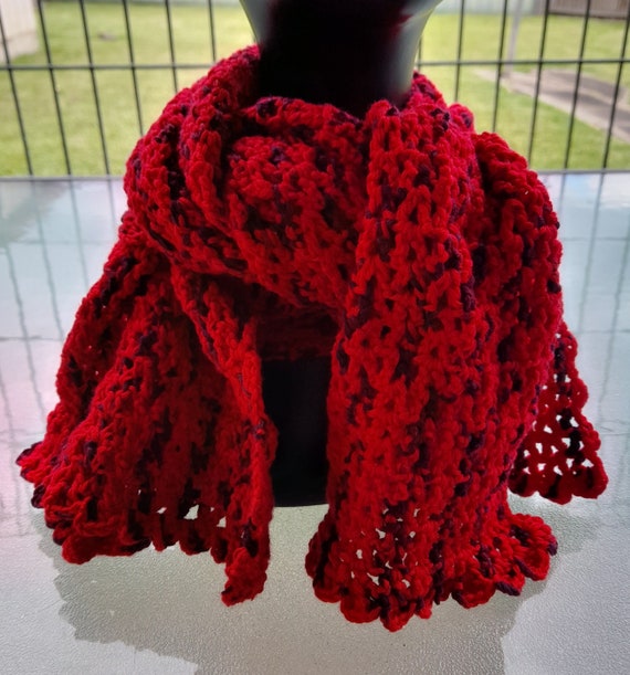 Scarf, Shawl, Crochet, Cotton Silk Yarn, Hand made, Red with Wine Notes, Hypoallergenic Yarn, Cuddle, 128X 27 centimetres