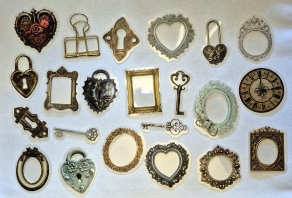 Vintage Frames, Locks, Keys, decorations, 34 pieces. Retro Beauty Atmosphere Stickers, Plastic Stickers, Decorative, Scrapbooking Material