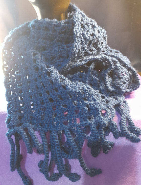 Navy Blue Scarf, Crocheted, Acrylic yarn, Fringed, 128 X 26 cm