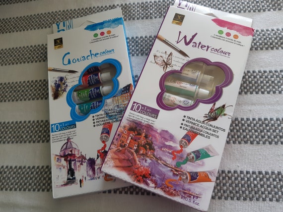 Watercolor paint, Gouache paint, Set of 10 tubes and paint brush. Ready to start painting