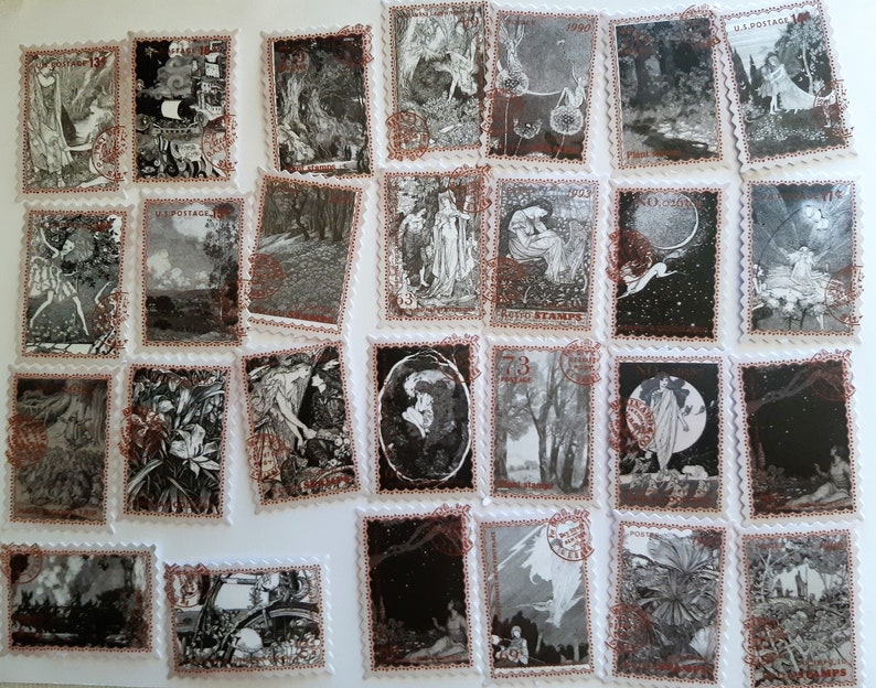 May include: A collection of 25 vintage postage stamps featuring black and white illustrations of fairies, flowers, and other whimsical imagery. The stamps have a distressed, aged look and are printed on white paper with red and brown accents.