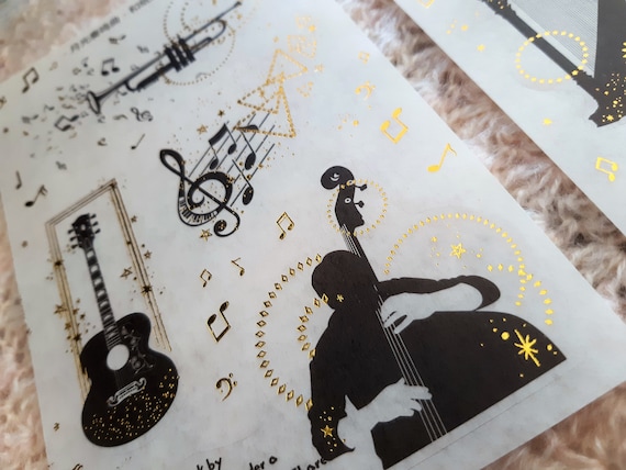 Music Lovers, Washi Paper Stickers, 3 Sheets /Pack Black Music Piano Golden Details Decorative Stickers