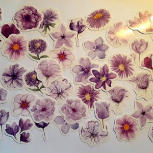 Adesivos de flores roxas, adesivos de caixa de 46 unidades, adesivos de alta qualidade, álbum de recortes,