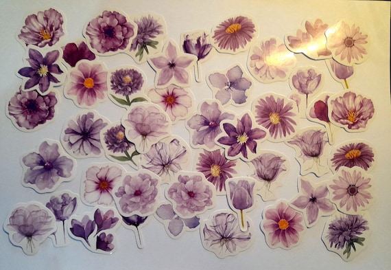 Purple Flowers Stickers, 46Pcs Box Stickers, High-Quality Stickers, Scrapbook,