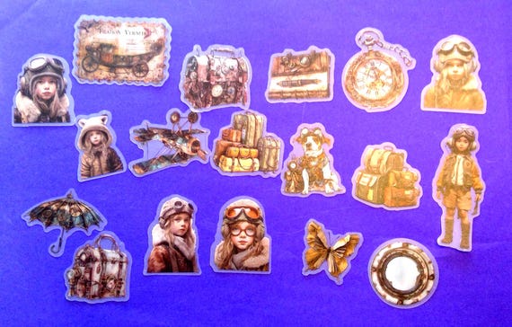 Retro Steam Age Travel Stickers, Transparent Butterfly Paper Doll Girl Stickers, Scrapbooking Material 28 pieces