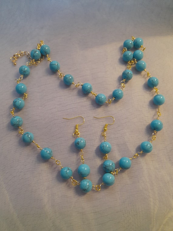Necklace and Earrings Set, Art Deco Inspired, Blue Turquoise Stone Beads, and Gold Colour Wire