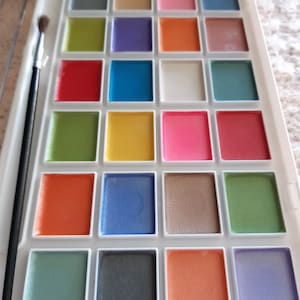 Puede incluir: Un juego de pintura de acuarela con 24 colores diferentes en una caja de plástico blanca. La caja tiene una tapa transparente y se incluye un pequeño pincel.