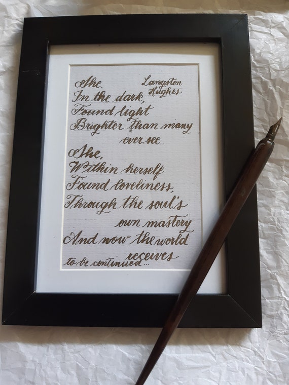 Poetry, handwritten, with frame, "She" by Langston Hughes