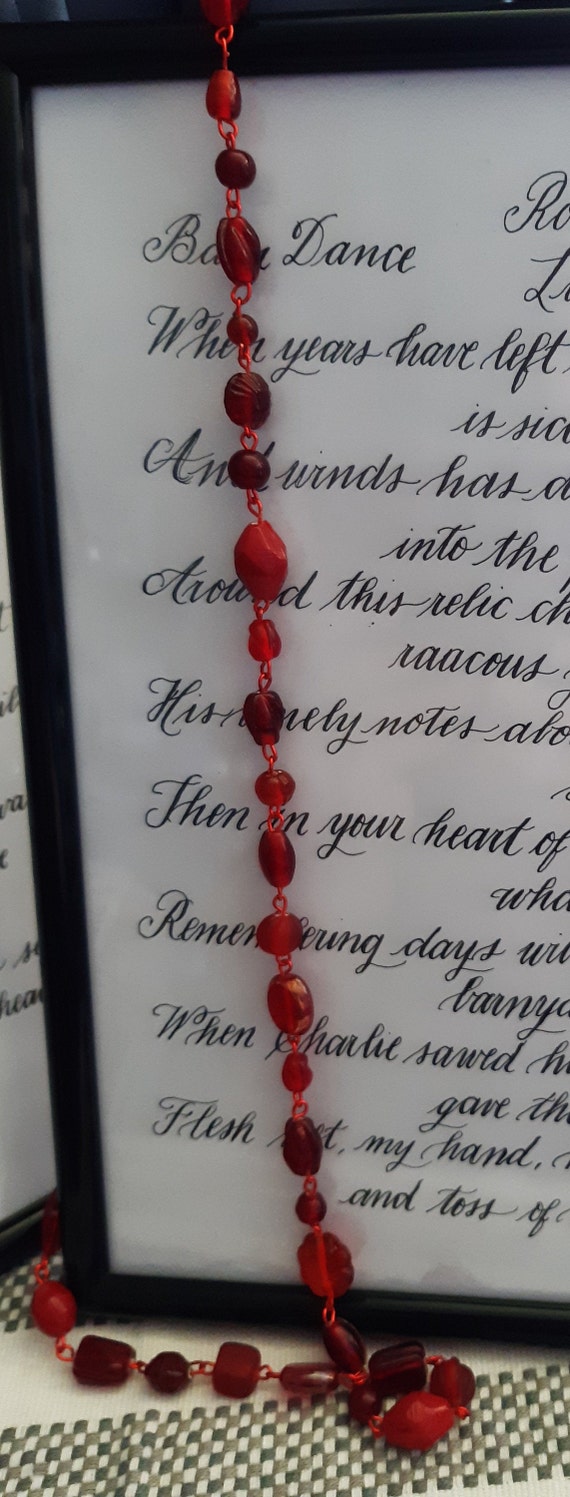 Necklace. Red crystal beads and red aluminium wire. Long size, With assorted pattern beads. Hand Made. It come in velvet bag.