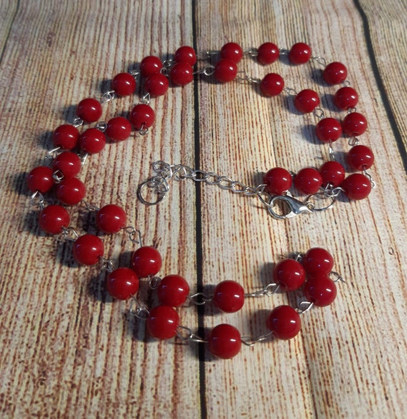 Necklace, Red Coral Imitation Beads or Water Droplets Imitation Pearls. 1 of a Kind. In Gift Bag