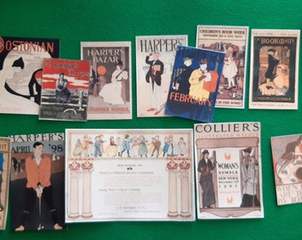 Puede incluir: Una colección de portadas de revistas vintage con ilustraciones y texto. Las portadas son de publicaciones como Harper's Bazaar, Harper's, The Bostonian, Collier's y The Bookdad. Las portadas presentan una variedad de temas, que incluyen moda, literatura y viajes.