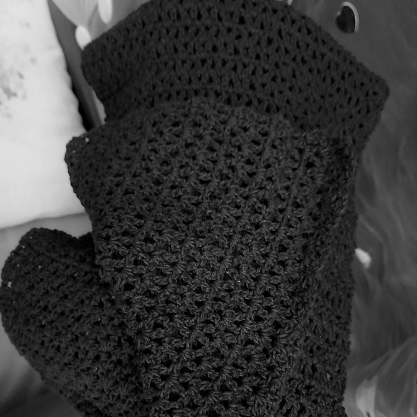 Scarf, Shawl, Crochet, 100% Cotton yarn, Hand made, Black, Soft and light, 120X 23 centimeters