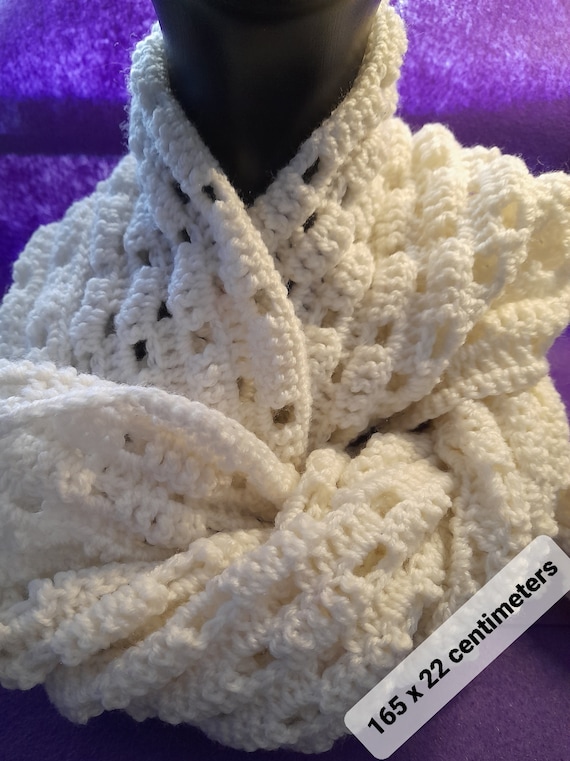 White Scarf, Shawl, Crocheted, Hand Made, Polyester yarn, 165 X 22 centimeters