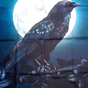 May include: A black raven perched on a branch with a full moon in the background. The raven has a dark blue and black plumage and is looking to the right. The moon is white with a light blue glow. The background is a dark blue with white stars.
