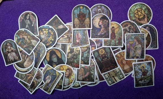 Glass Tarot Glossy Stickers, Colorful PVC Stickers, 25/50 pieces, 50 different patterns, Tarot Deck Graffiti Stickers for DIY Luggage